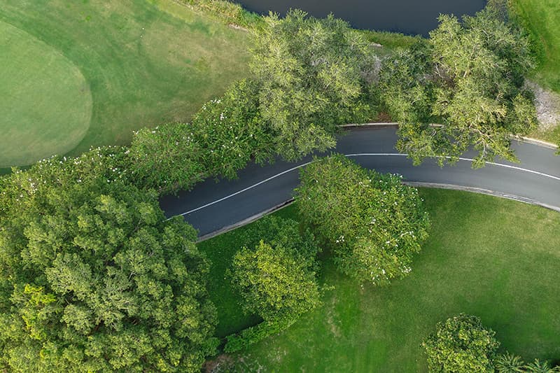 aerial drone photo of a winding road
