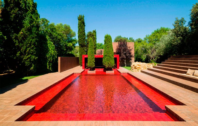 photo of a pool with a red painted bottom