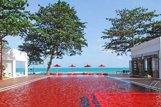 photo of a pool with a red bottom