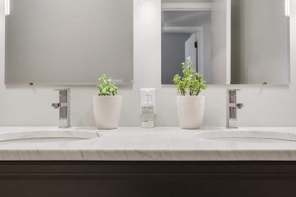 staging photo of a bathroom counter with succulents