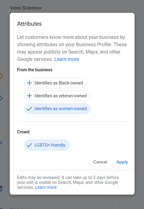 screenshot of attributes tab on google mybusiness