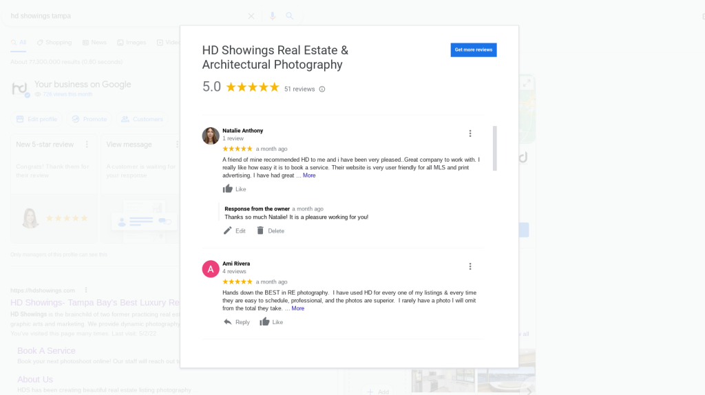 screenshot of the reviews tab on google mybusiness