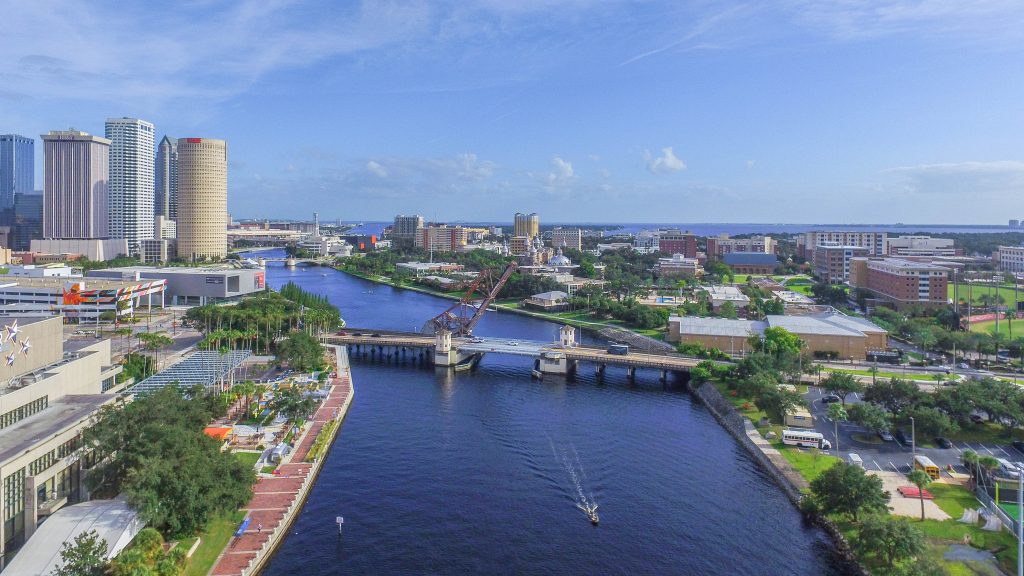 aerial drone photo of downtown tampa and the hillsborough river